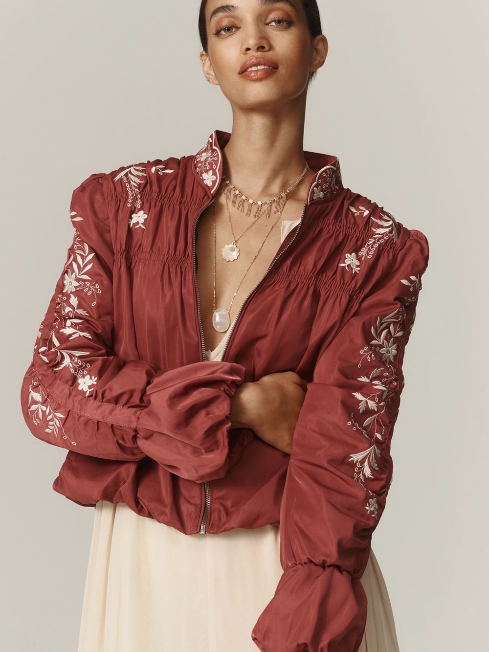 Anthropologie Embroidered Rust Bomber Jacket